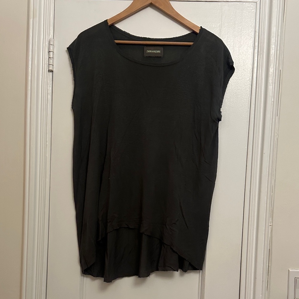 Zadig & Voltaire Dark Green Short Sleeve Top with high/low raw hem